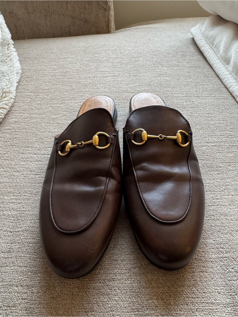 Gucci Brown Leather Slip-On Loafers with Gold Horsebit Detail